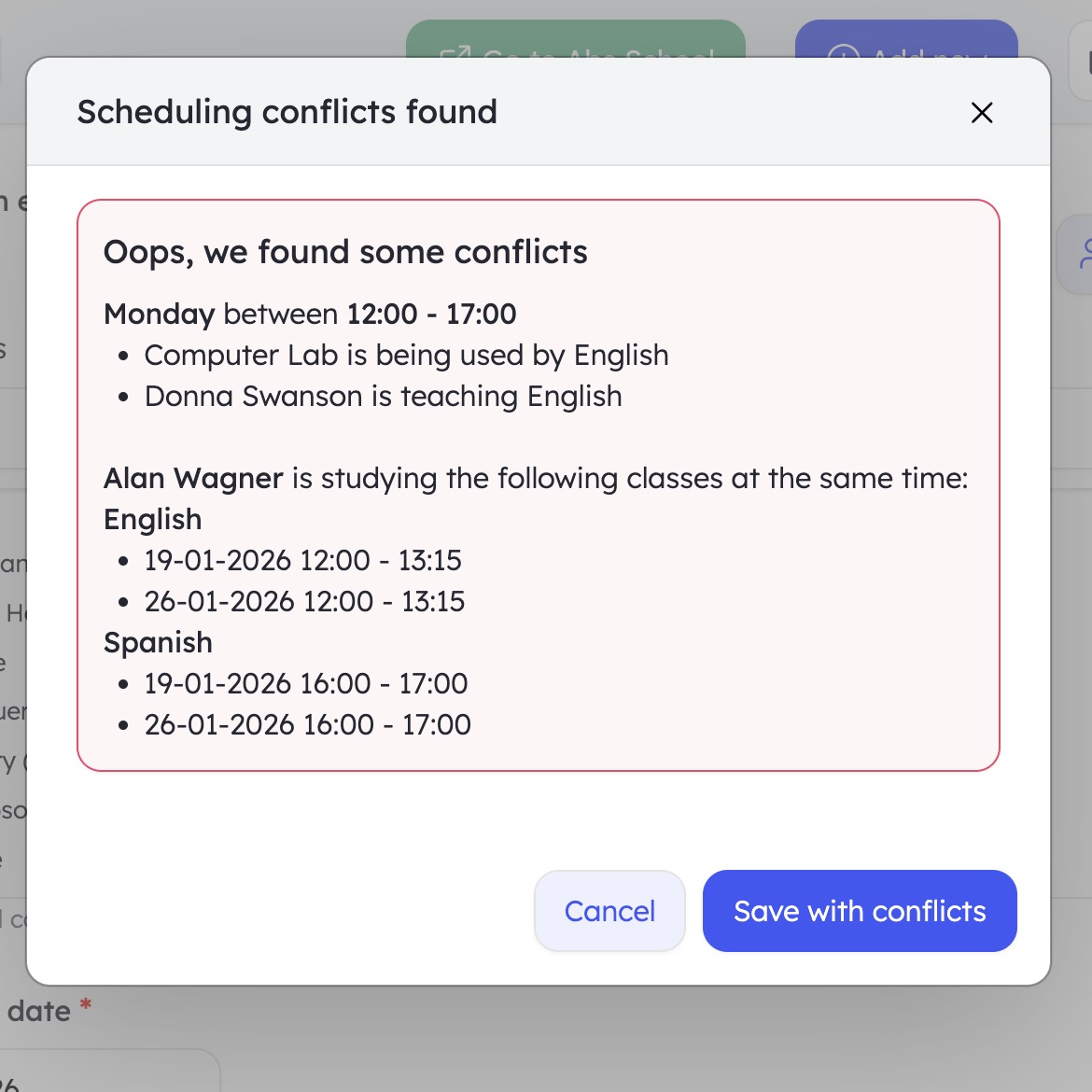 Scheduling interface showing conflict alerts.