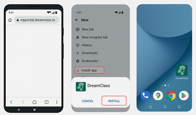 DreamClass PWA mobile access on a smartphone home screen
