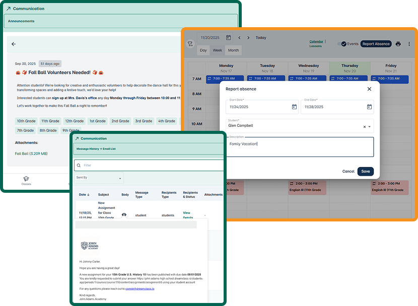 DreamClass Communication panel showing messaging interface