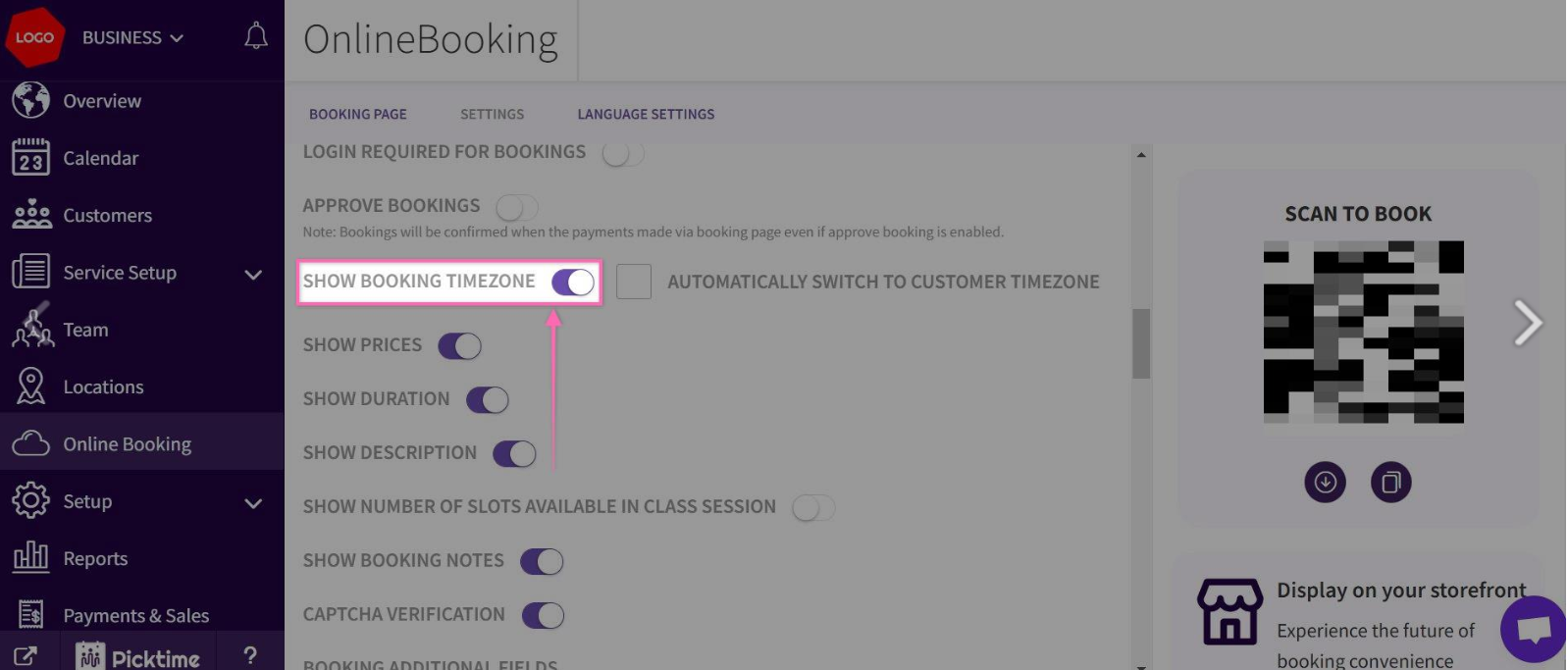 Picktime booking timezone settings with QR code screenshot