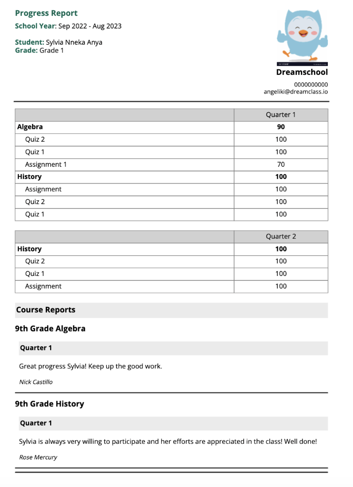 DreamClass progress report and course reports screenshot