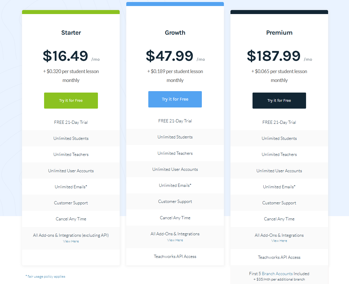 Teachworks 3-tier pricing comparison — Starter, Growth, and Premium plans with per-lesson rates