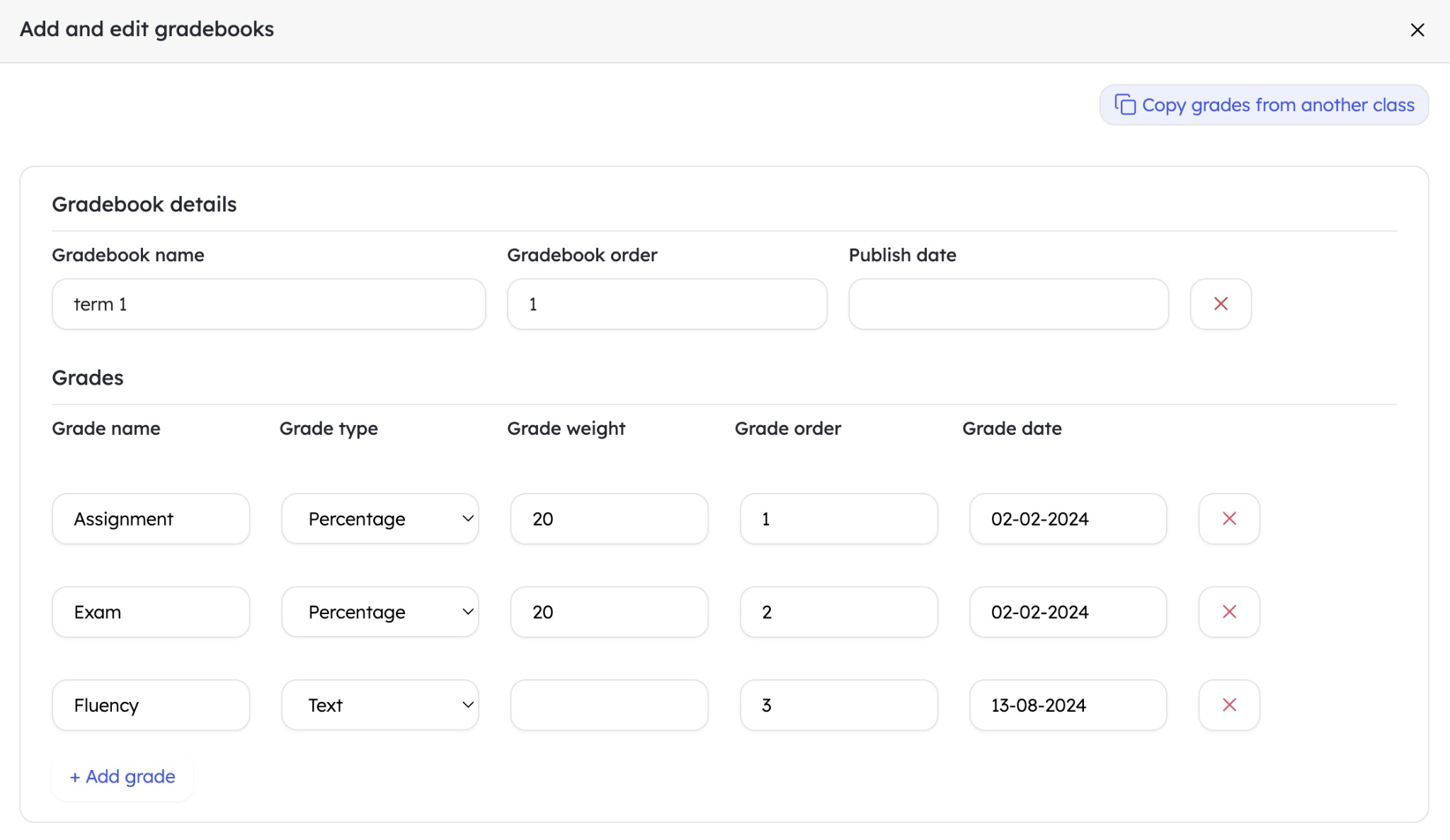 Teach n Go gradebook showing term 1 with assignment and exam grades