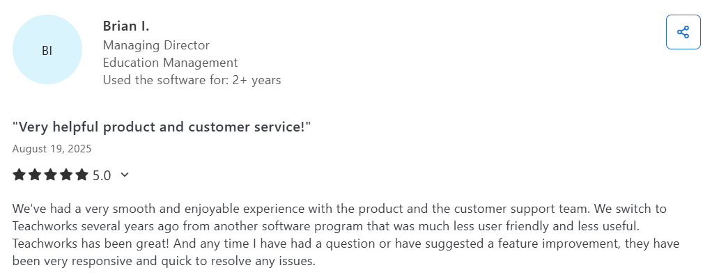 Teachworks support experience example