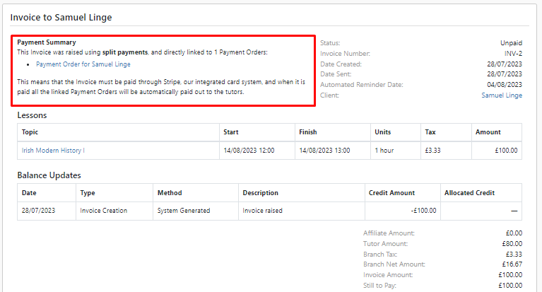 TutorCruncher invoice and payment screenshot