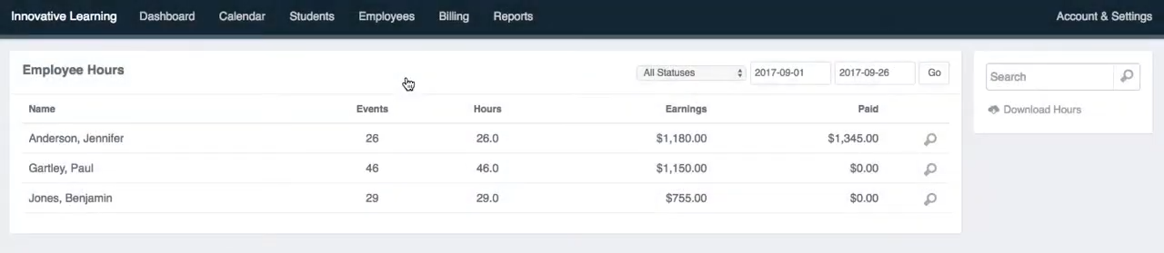 Teachworks employee hours and payroll screenshot