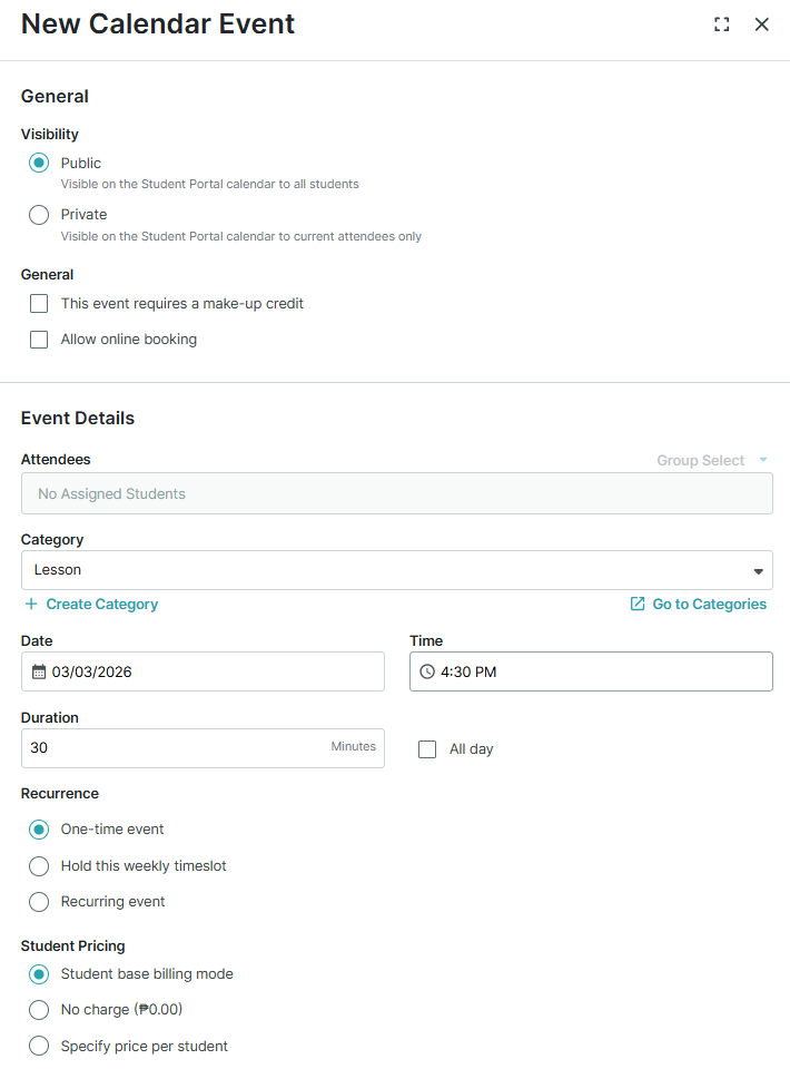 TutorBird New Calendar Event dialog