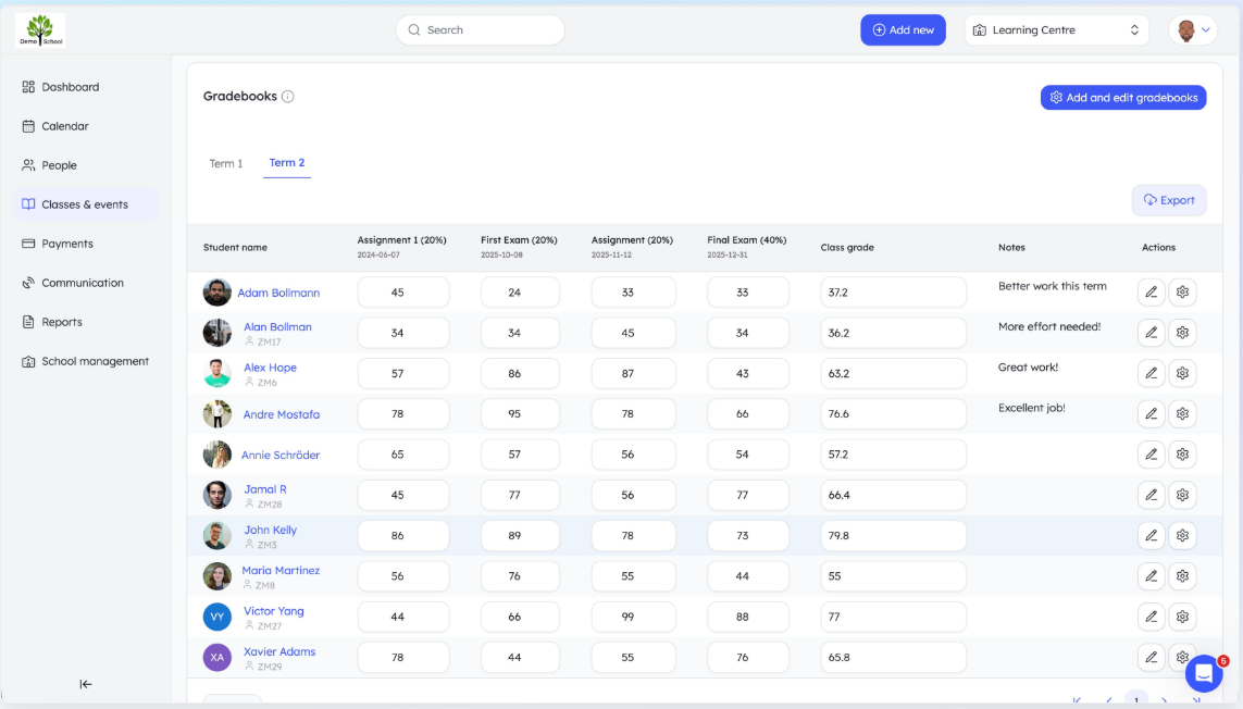 Teach 'n Go gradebook — student grades table with attendance and grade columns