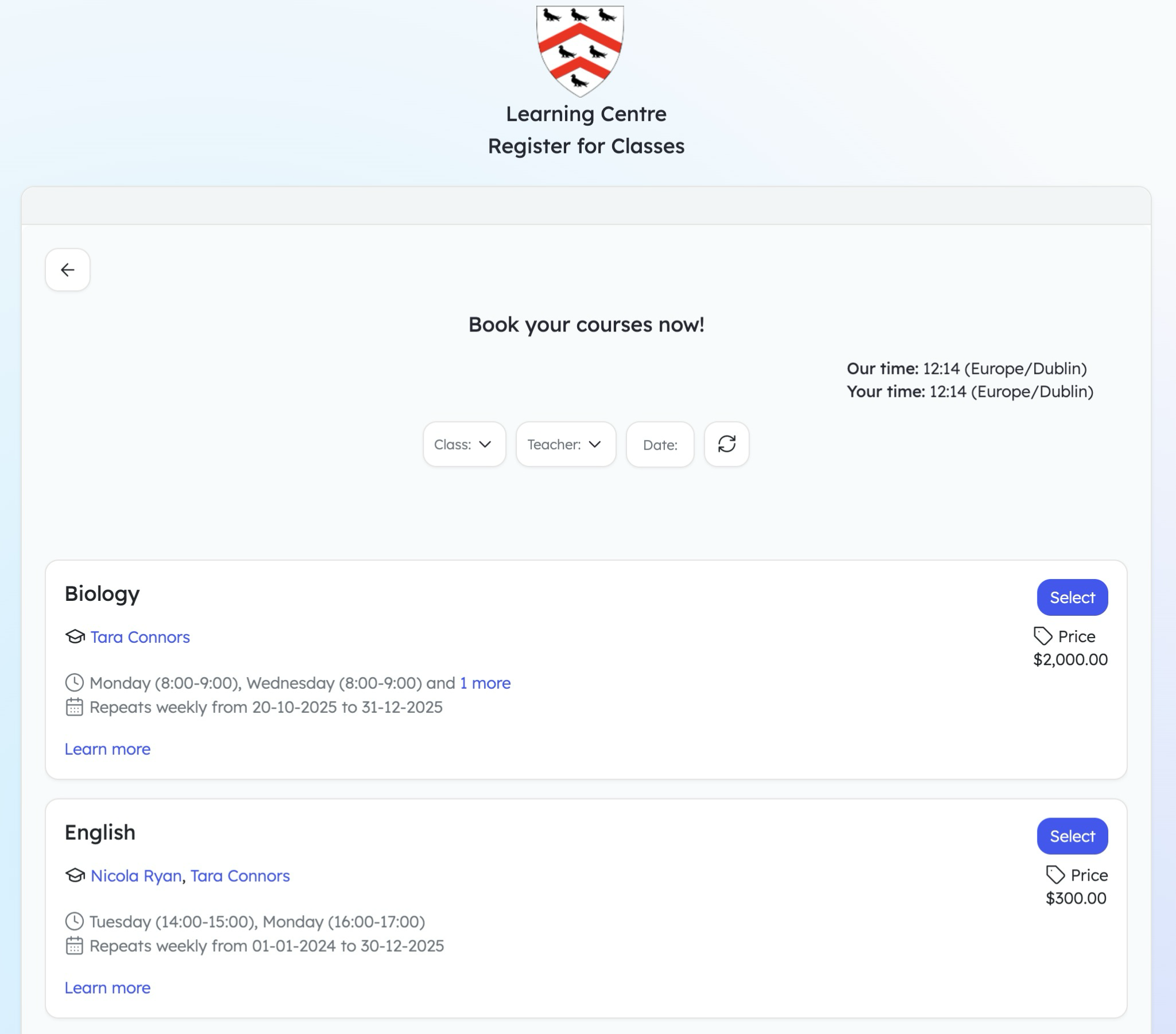 Teach 'n Go class booking page