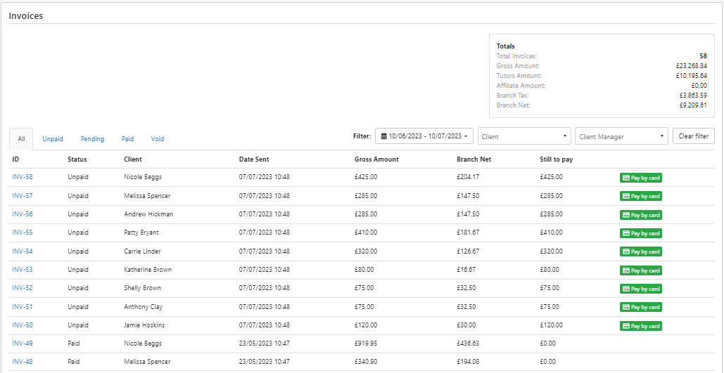 TutorCruncher invoices list