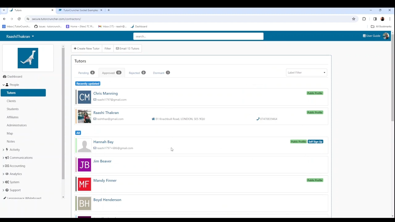 TutorCruncher Socket tutors page
